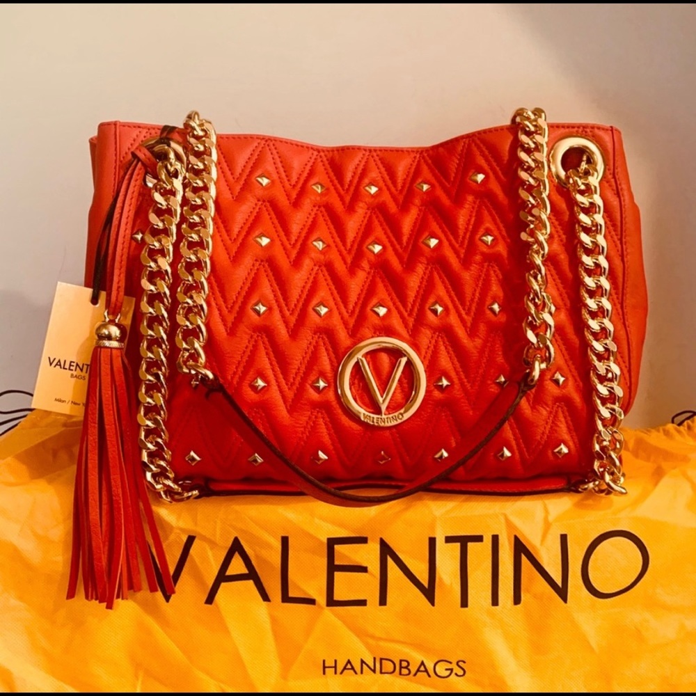 Valentino Luisa Studs Poppy Red Sauvage Chain Tote